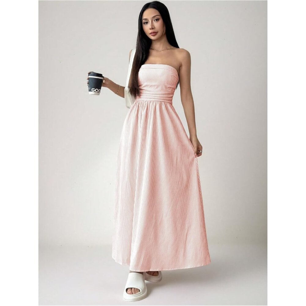 Women's Light Pink Strapless Maxi Dress Summer Tube Top Long With Pocket - Picture 4 of 5
